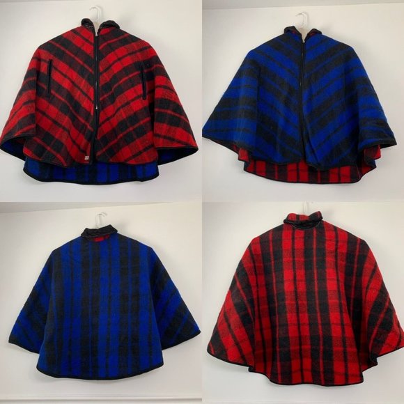Vintage Jackets & Blazers - Vintage 60s MARDEL Reversible Wool Handmade Mid Century Poncho Cape Red Blue
